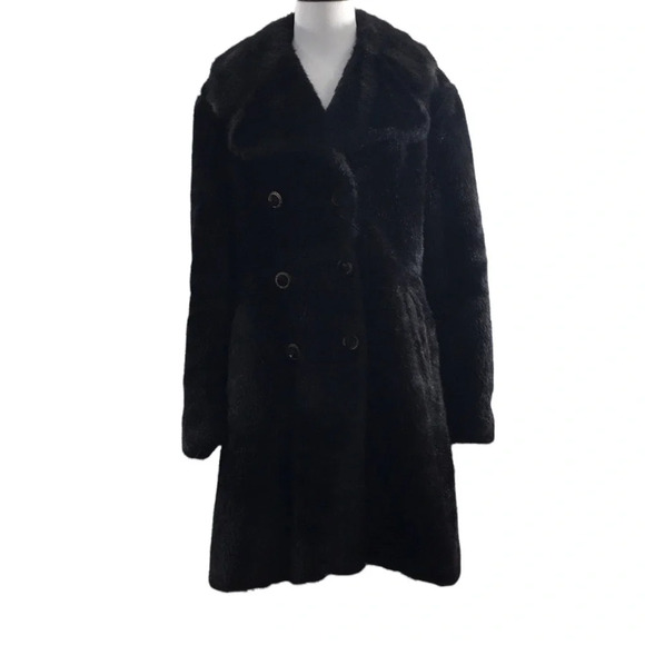Outerama Vintage Black Fur Trench Jacket Womens 14 Double Breasted‎ - Picture 1 of 12